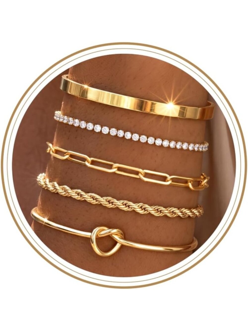 Trendy Gold Chunky Bracelet Set for Women - Waterproof, Non-Tarnish Stackable